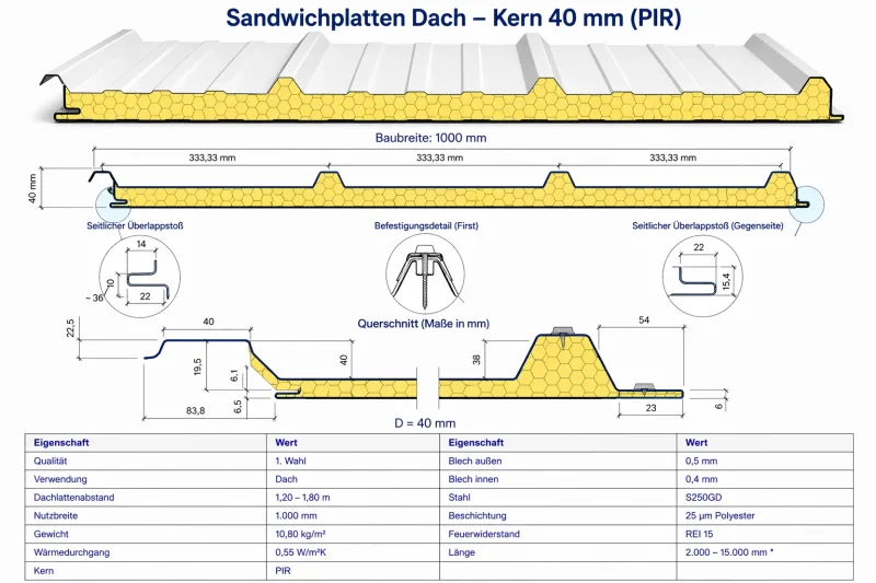 Sandwichplatten Dach Nutzbreite: 1000 mm