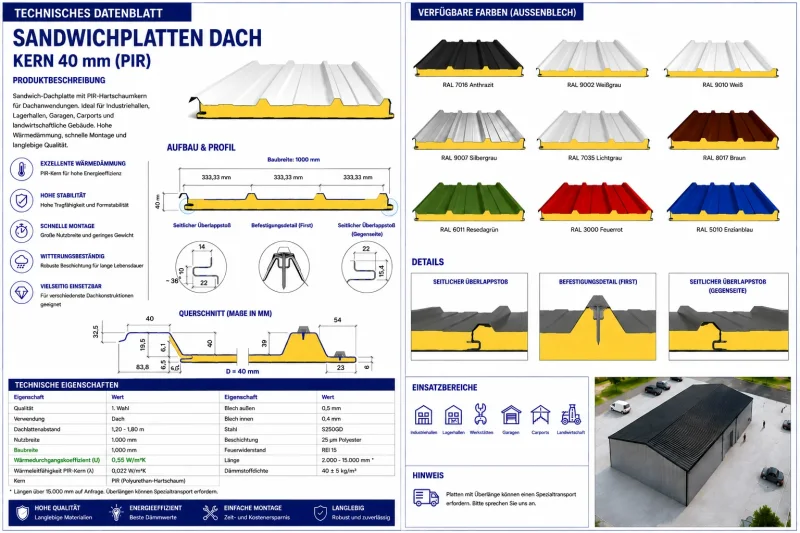 Sandwichplatten Dach 40 mm | KOSTENLOSE LIEFERUNG
